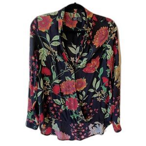ZARA 70s Psychedelic Floral Botanical Black Wrap Flowy Pirate Blouse Size S